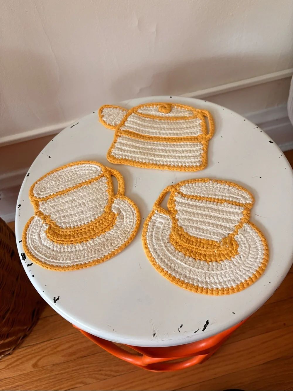 Vintage Handmade Crocheted Tea Cup & Teapot Coasters in Cream and Yellow